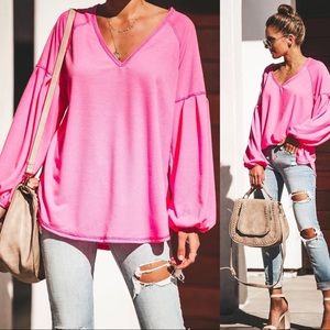 Hot pink balloon sleeve knit top